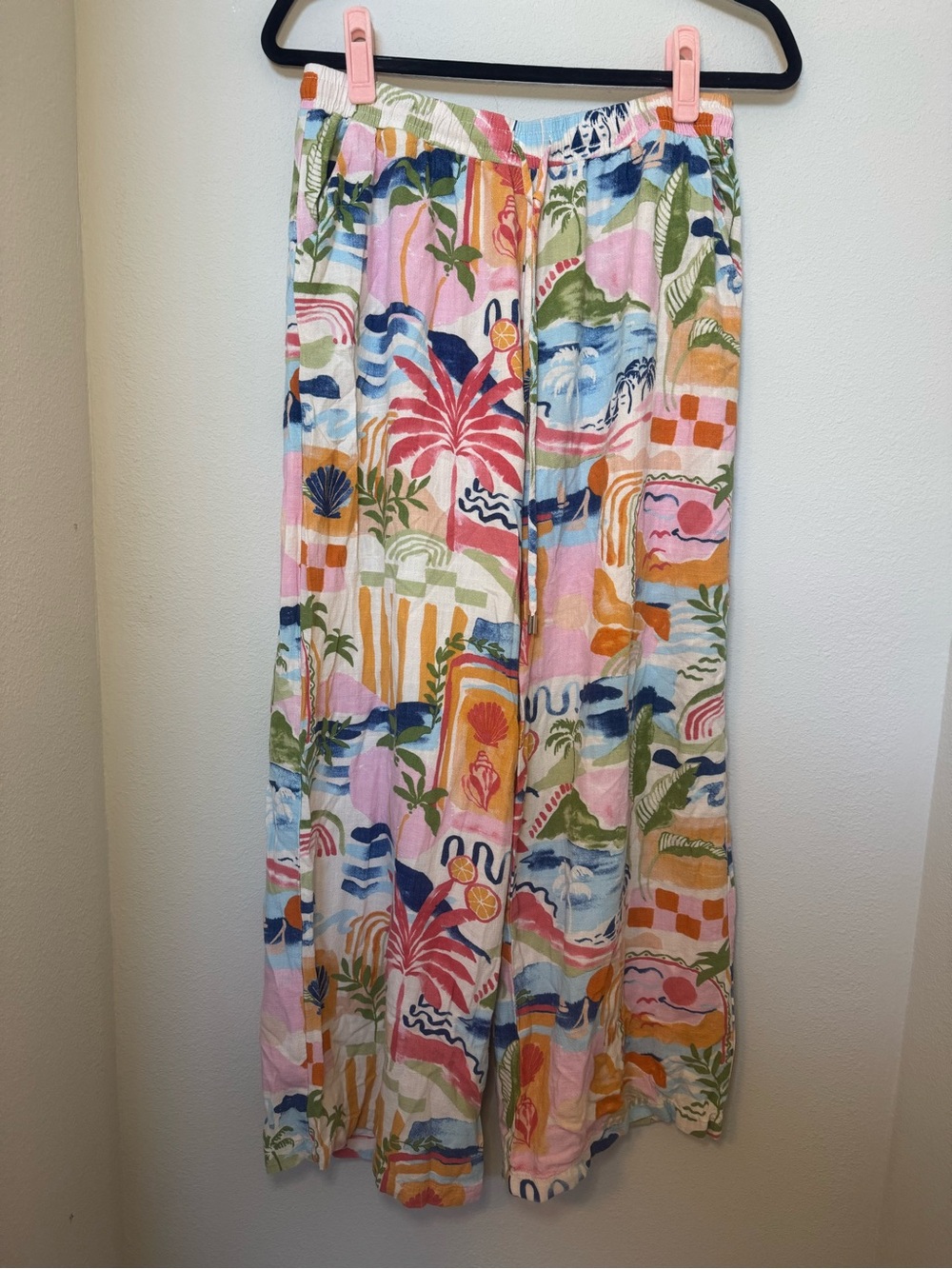 Anthropologie Label of Love tropical print wide leg linen-blend trousers